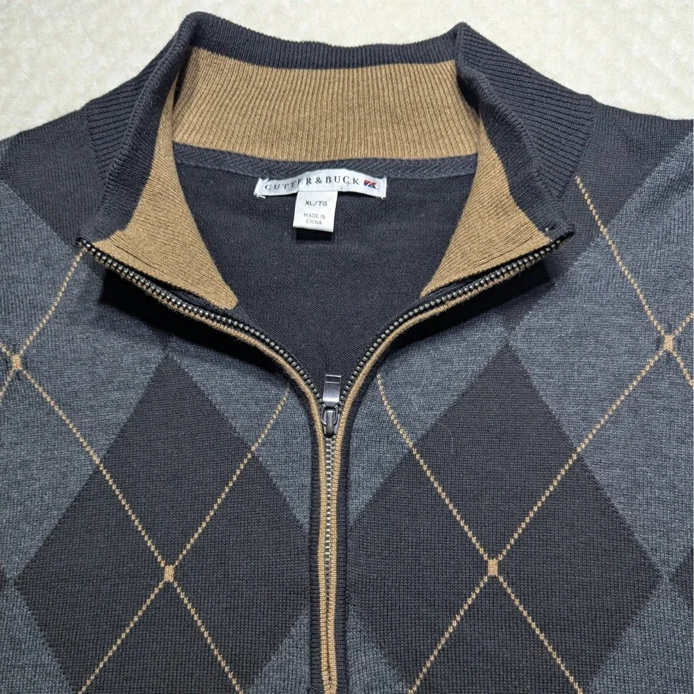 Cutter &‎ Buck Argyle Quarter Zip Sweater Gray Cotton Pullover Men's XL